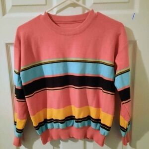 Classic Crewneck Sweater in Coral Pink with Multicolor Stripes